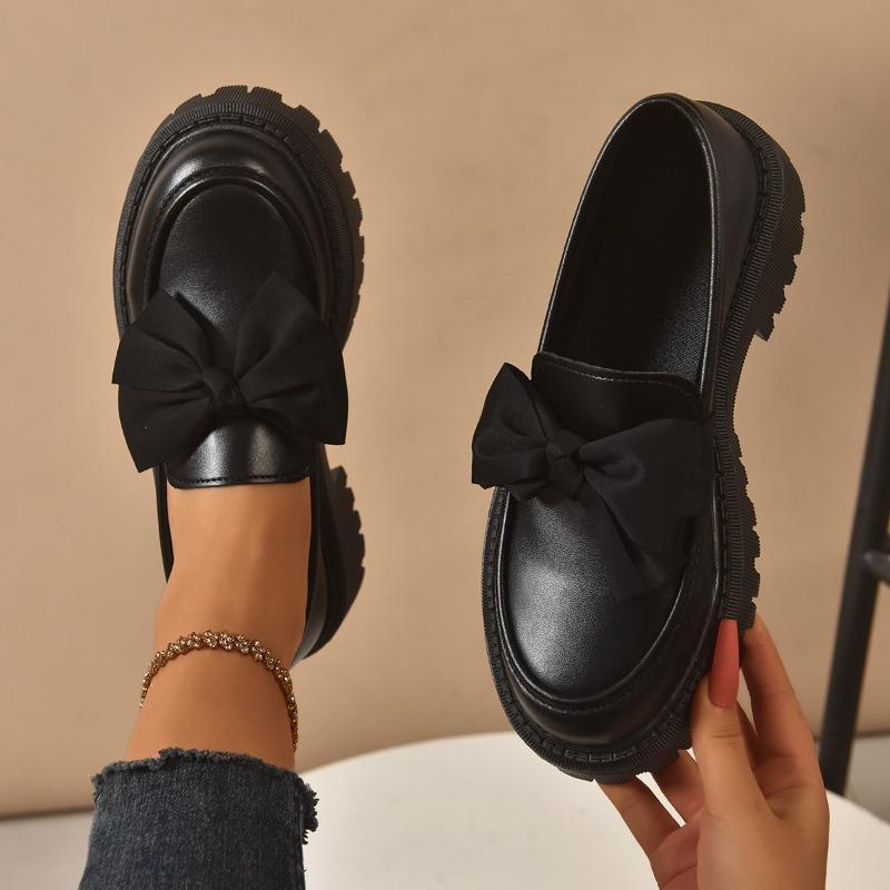 Bow loafers women s Korean version of platform mid-heel lazy British style retro small leather shoes women 35