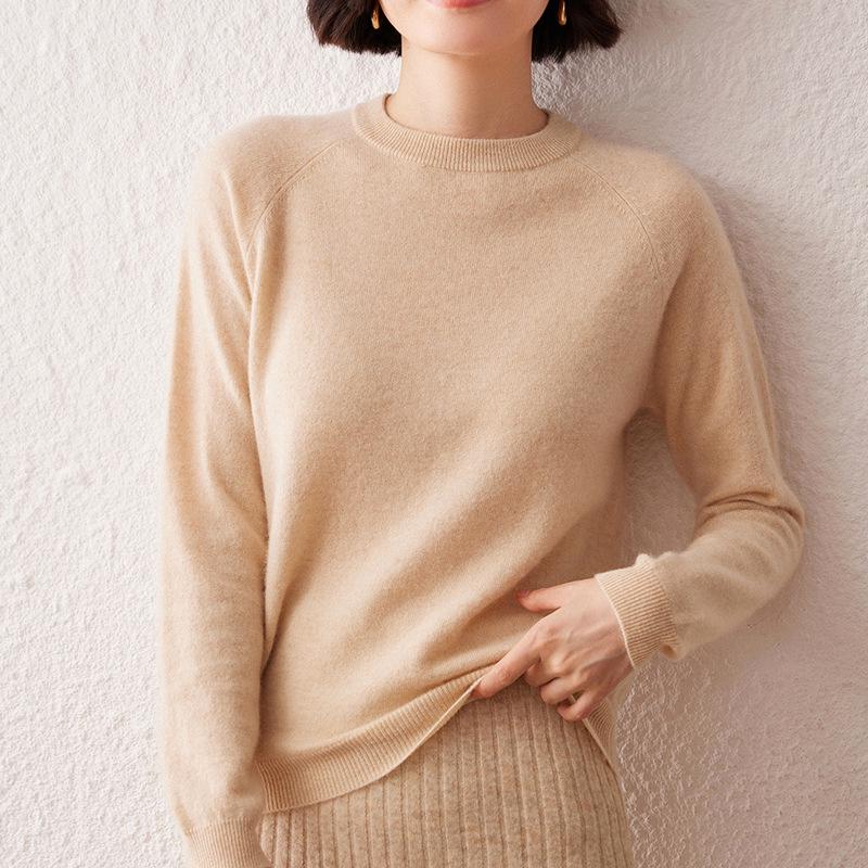 Women's Cashmere Sweater, Autumn/Winter 2026, Round Neck, Raglan Sleeve, Gentle, Loose Slimming Fit, Solid Color.
