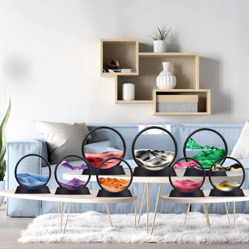3D Hourglass Round Glass Deep Sea Sandscape In Motion Display Flowing Sand Frame Moving Sand 7/12inch for Home Decor