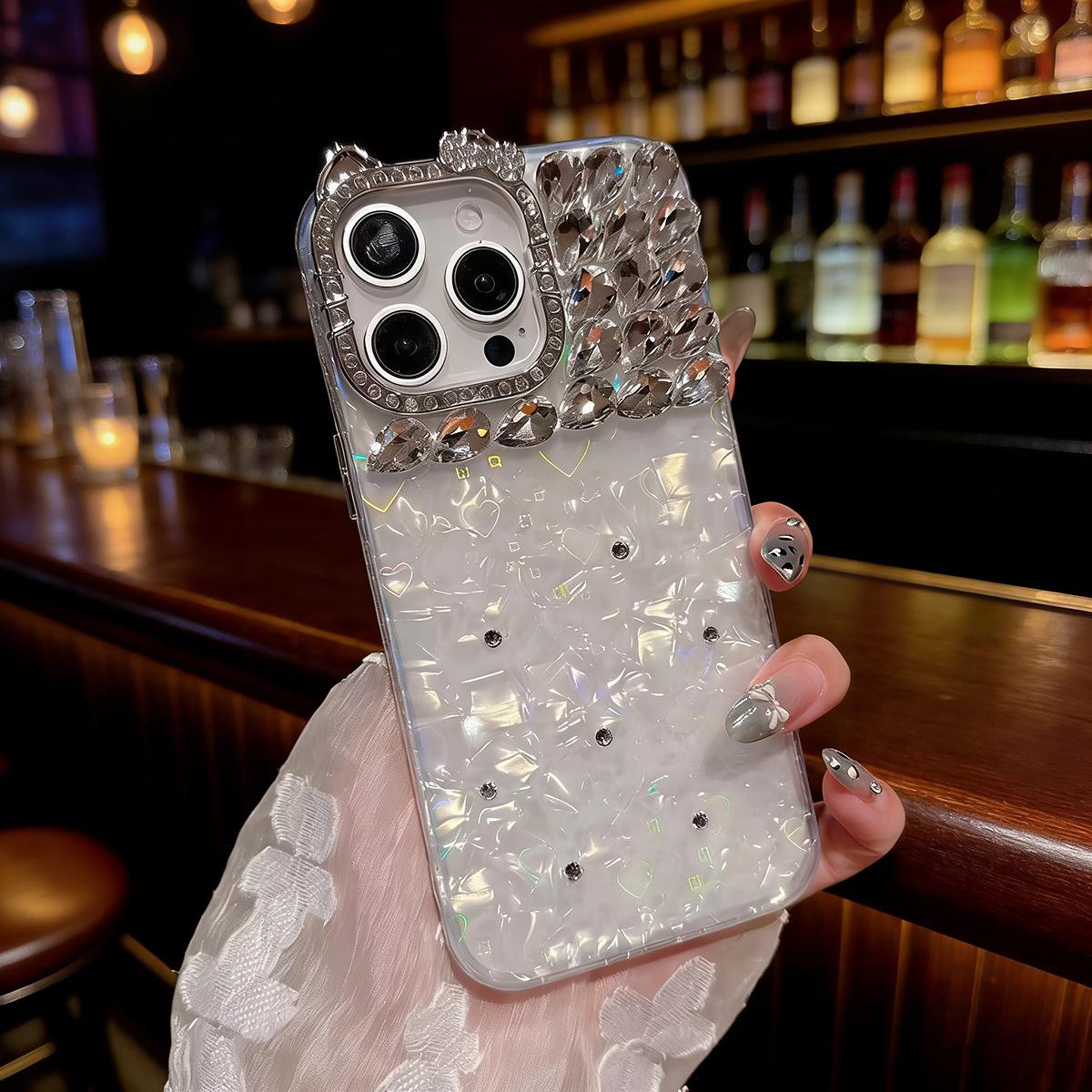 

Cat Ears Diamond Heart Shell Case for iPhone 17 Pro Max, iPhone 16, 15, 13 13