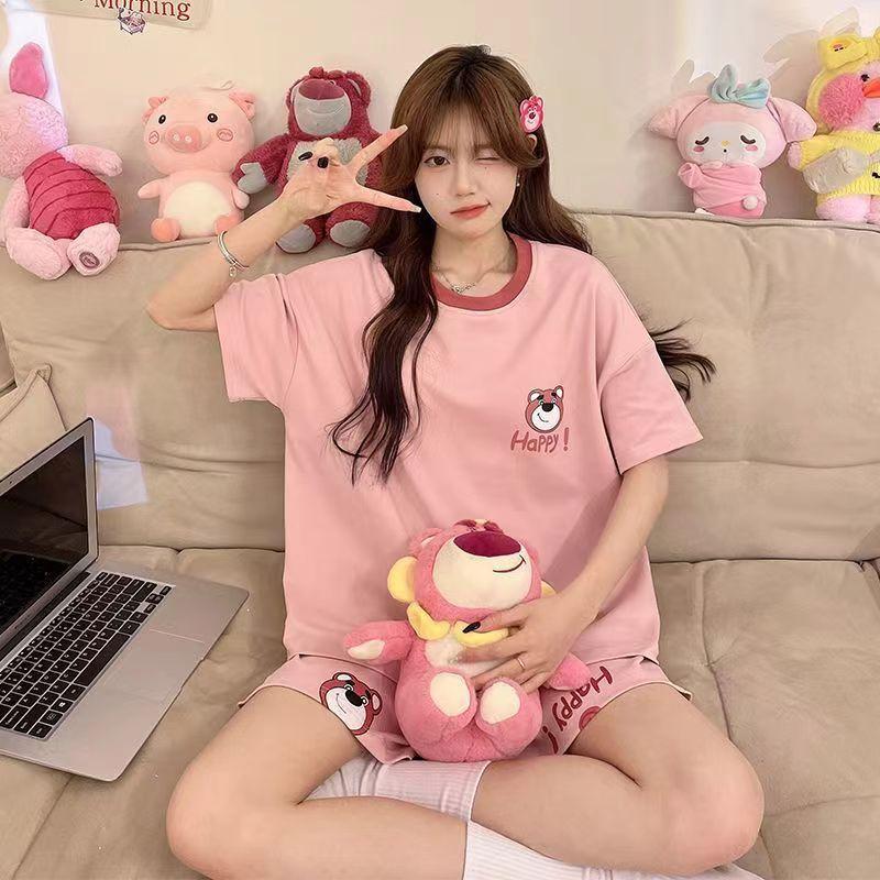 Summer Cute Strawberry Bear New Pajamas for Women, Crew Neck Short-sleeve Loungewear Three-piece Set, Casual and Sweet Style, Suitable for Outdoor 