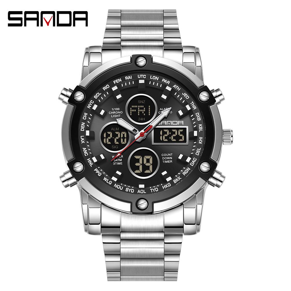 Sanda Men's Multifunctional Large Dial Steel Strap Waterproof Watch with Three Time Zones for Outdoor Sports - Model 3394
