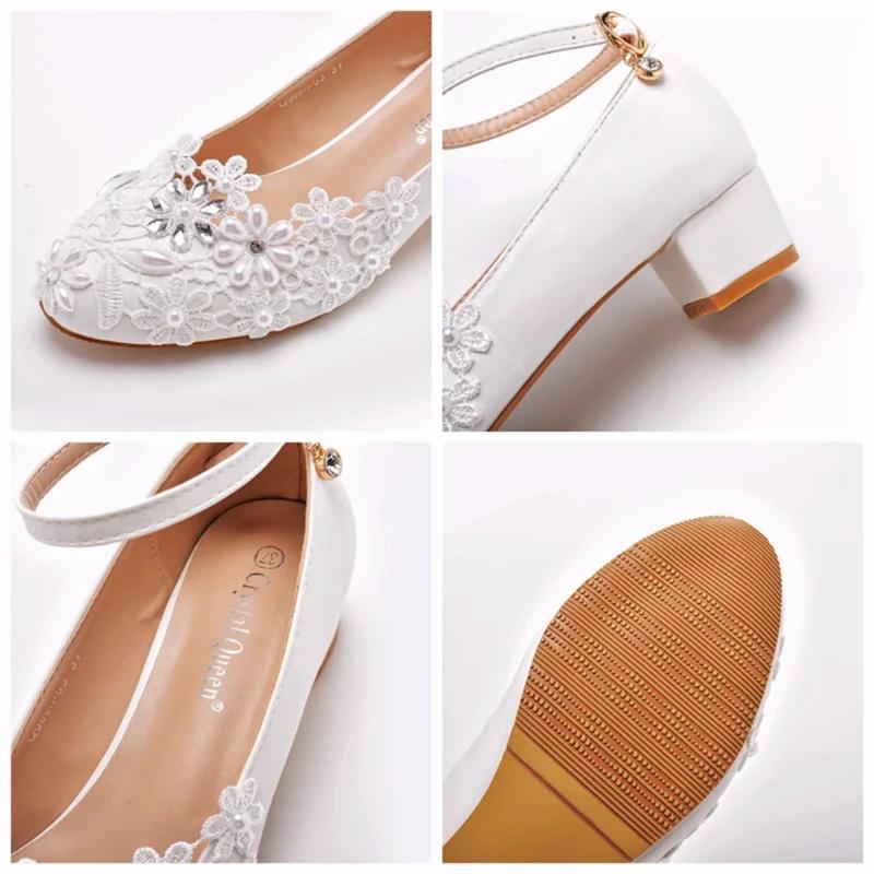  Fashion Wedding Shoes Bridesmaid Banquet Woman Lace Flower Pearl Round Toe High Heels Women's Bridal Pumps Girl Shoes
