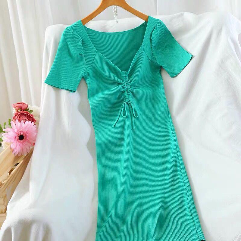 

Summer Korean V-Neck Knitted Bodycon Dress with Drawstring Waist One Size (Elastic, fits 35-60 kg)