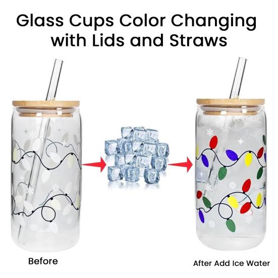Color Changing Christmas Glass Cup with Lid Straw Brush Reusable Glass Iced Coffee Cup Cute Xmas Party Decorations for Mom Her