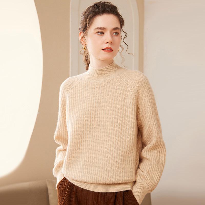 Women's Cashmere Pullover: Loose Fit, Thick 7-Gauge, Half-High Collar, Solid Color Knitwear Sweater for Autumn/Winter.