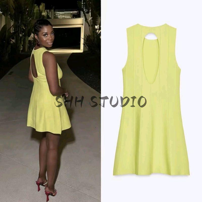 Summer New Product Women's Clothes Sexy Style Open Back Round Neck Sleeveless A- Line Wide Hem Knitting Short Sling Dress