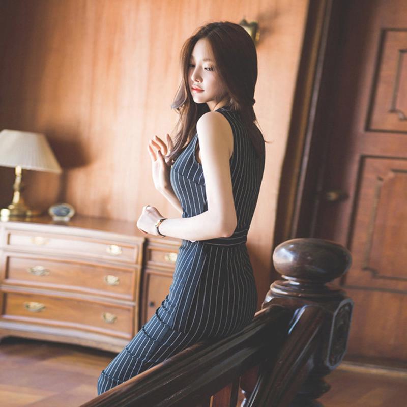 Women's Stripe Sleeveless Day Formal Office Wear Midi Dresses New