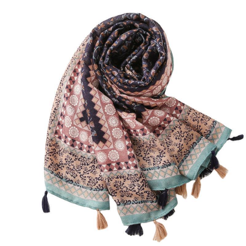 "Ethnic Style Cotton-Linen Sunscreen Shawl: Retro Floral Travel Scarf"