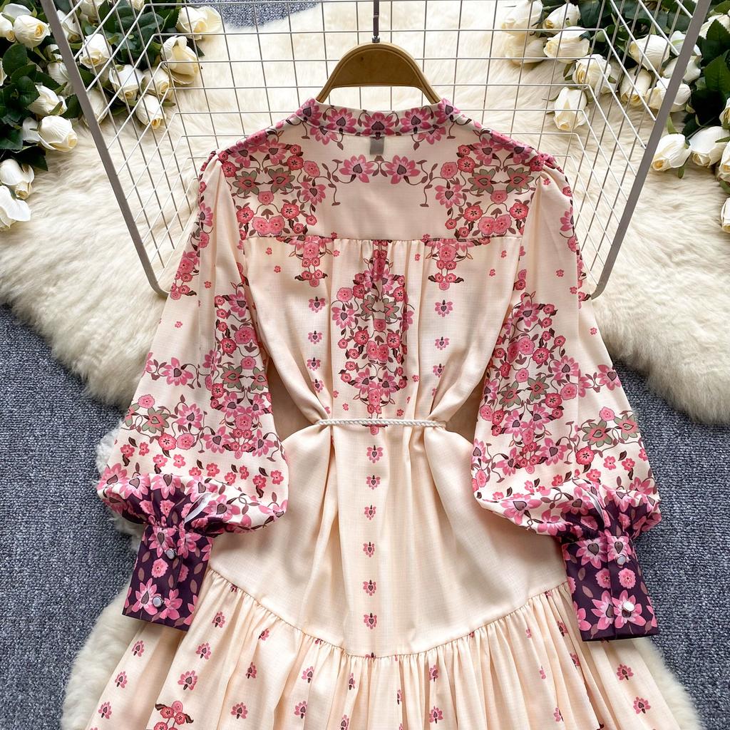 Spring Autumn Women Lantern Sleeve Print Single Breasted Loose Holiday Beach Party Long Maxi Dresses with Belt