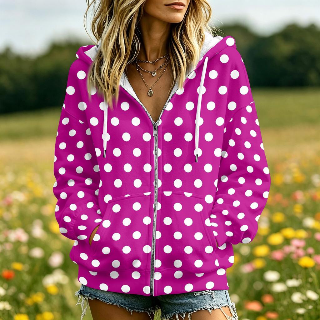 Women's Polka Dot Print Long Sleeve Hooded Jacket with Pockets and Casual