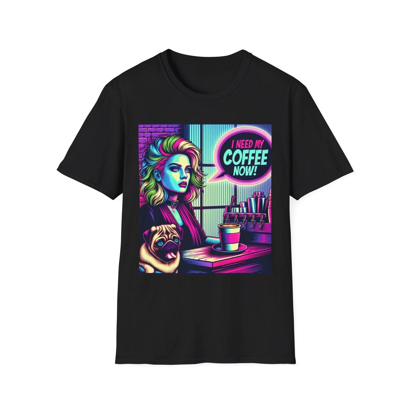 Funny Blonde Woman with Pug I need my coffee now T-Shirt, Big Hair Day 4XL