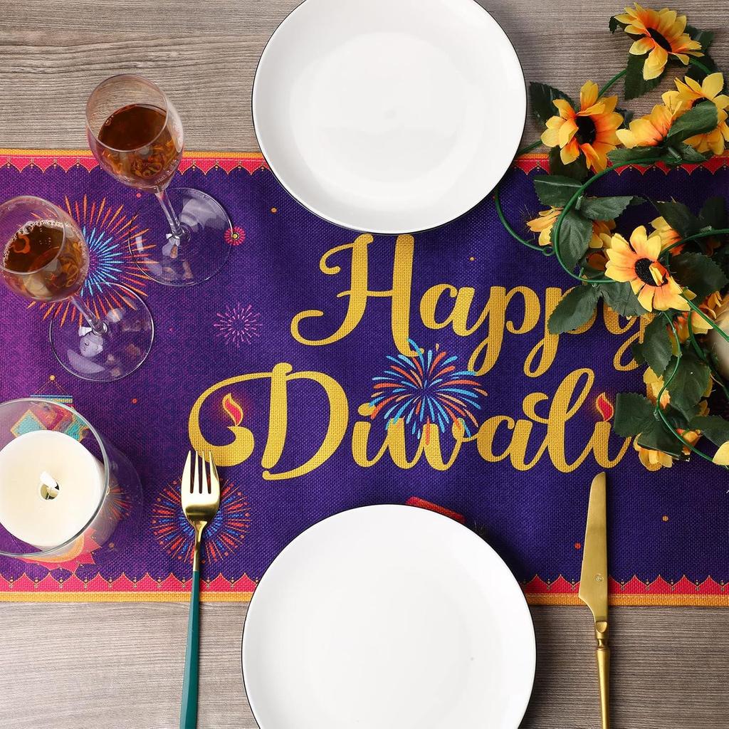 Diwali Table Runner 13 X 72 Inch, Happy Diwali Kitchen Dining Table Decoration Lights Rangoli Lantern Decoration for Indoor Outdoor Home Indian