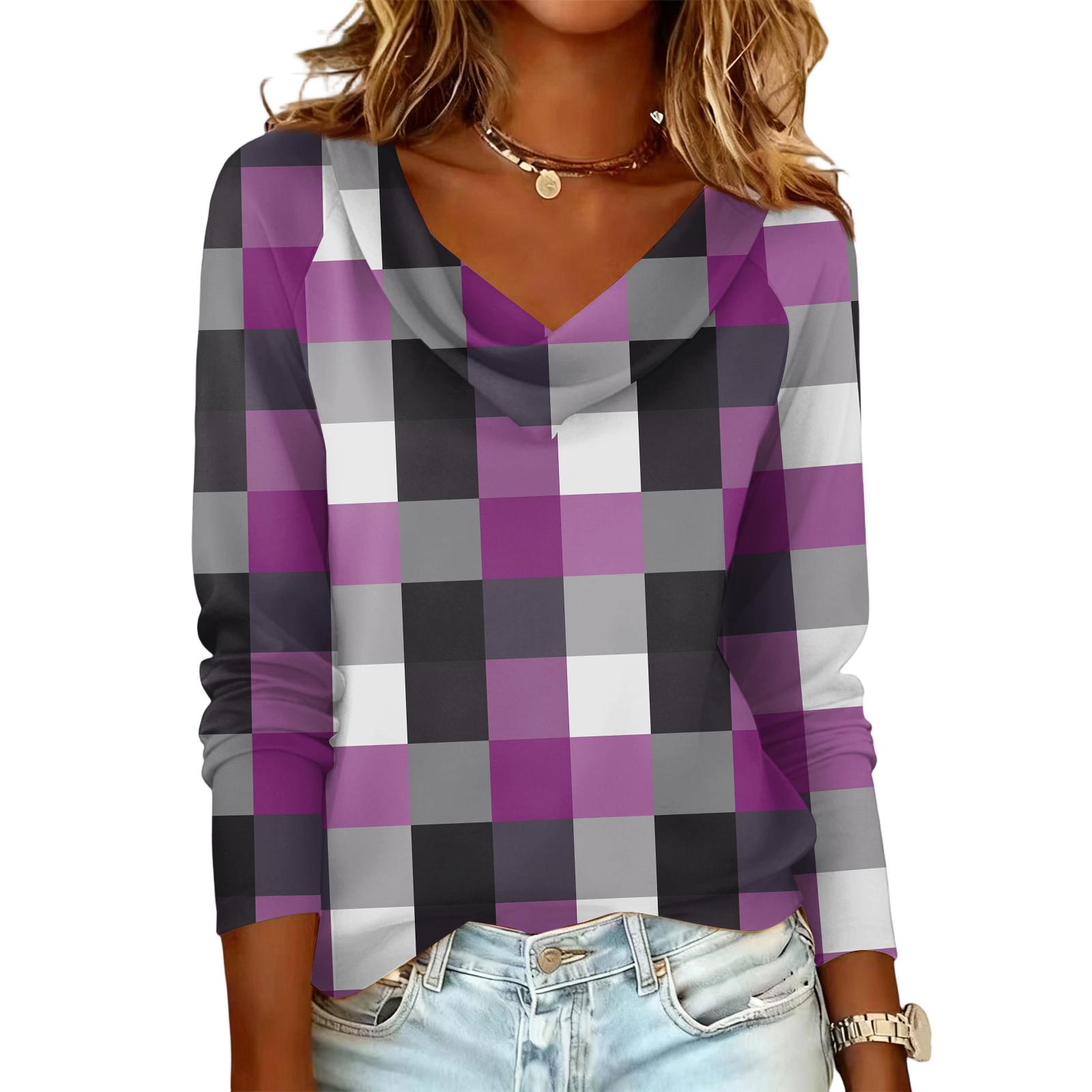 

Ladies plaid printed casual and fashionable long sleeved pullover top S фіолетовий