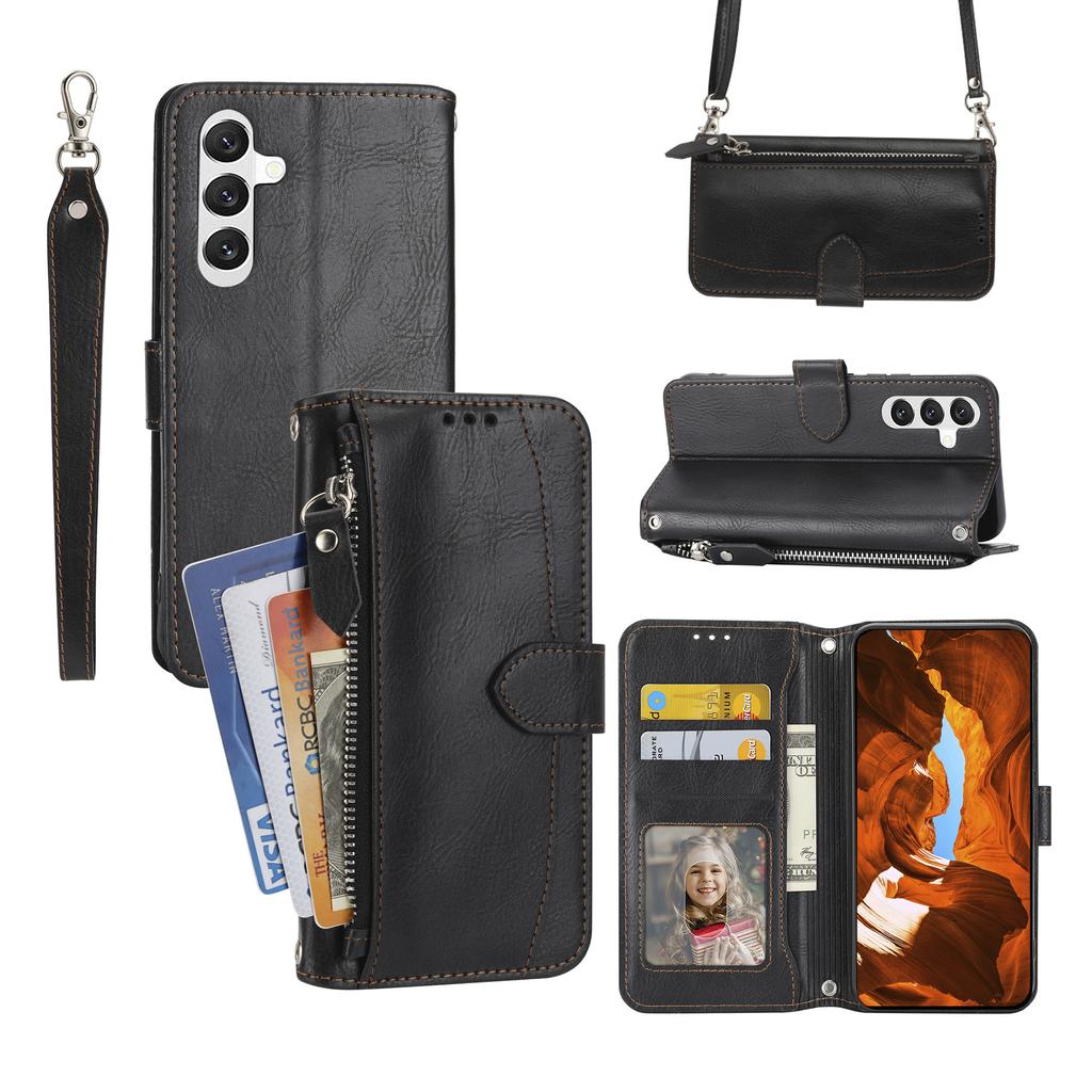 For Samsung Galaxy S26 Case Zipper Pocket Leather Phone Cover with Crossbody Shoulder Strap