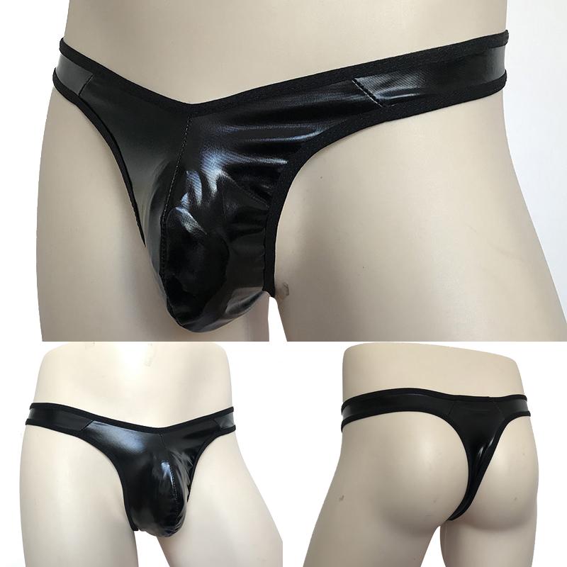 1pc Black Men's Faux Leather Sexy Briefs Thongs T-Back G-Strings Low Waist U-convex Pouch Panties Man Underwear Clubwear