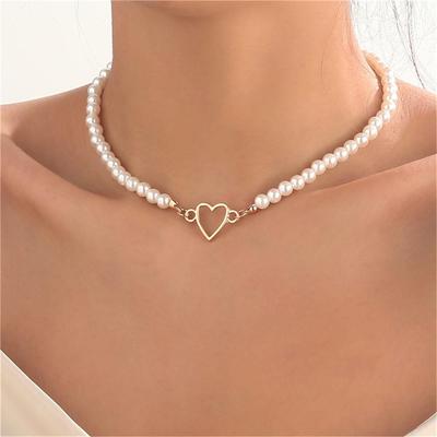 French Retro Pearl Necklace with Hollow Heart Pendant - Elegant Women's Clavicle Chain