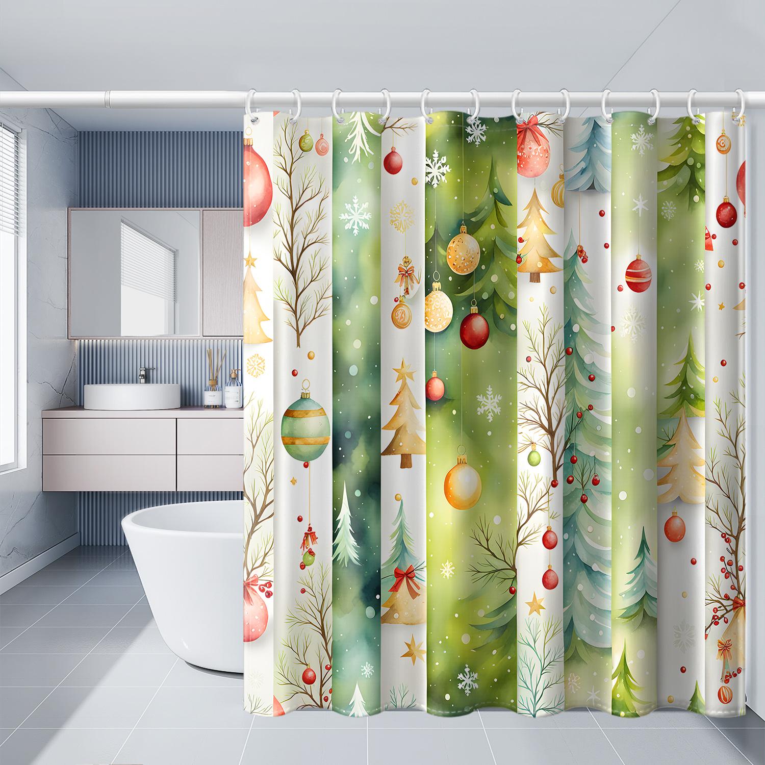 

1 Piece Of Colorful Vertical Striped Christmas Tree Ball Printed Shower Curtain With Plastic Hook, Christmas Bathroom Partition W60H190(CM)-1 Pcs