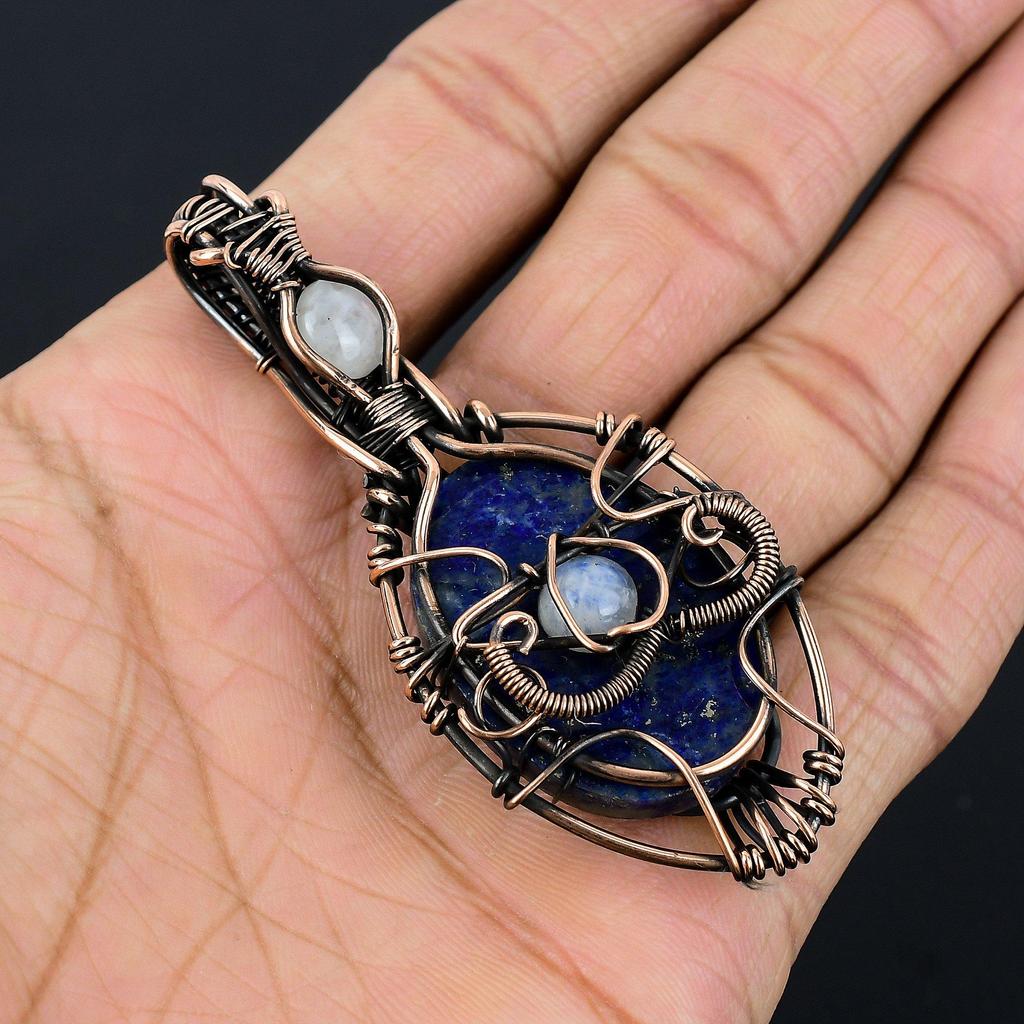 Lapis Lazuli & Moonstone Pendant Handmade Gemstone Jewelry, 999 Copper Wire Wrapped Pendant ,Unique Design Jewelry Pendant