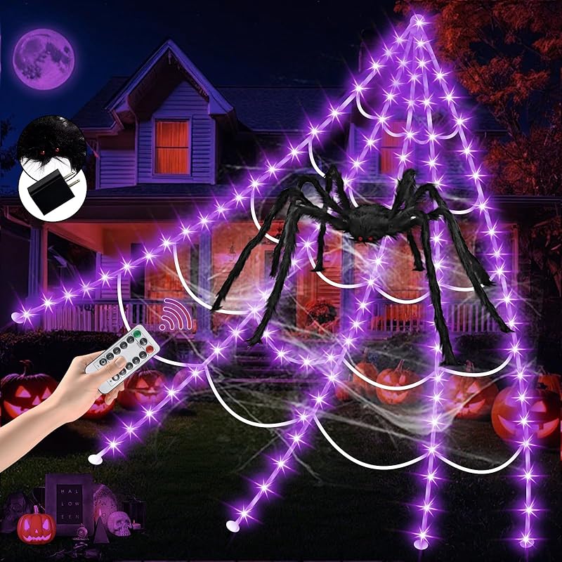 5m Giant Halloween Decorations Outdoor, 250 LED Lighted Spider Web 8 Lighting Modes Waterproof & Timer for Indoor Haunted House Yard Decor, Purple