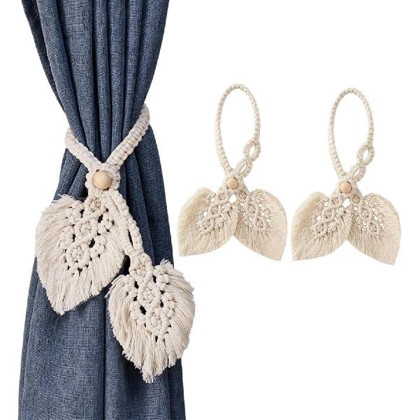 2 Pcs Boho Curtain Tiebacks,Curtain Tie Backs,Hand Knitting Cotton Curtain Holdbacks with Adjustable Natural Wooden Bead,Double Leaves Farmhouse