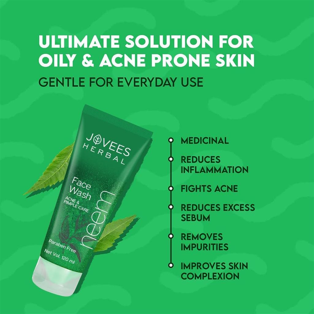 Jovees Herbal Neem Face Wash For Oily And Acne Prone Skin | Gentle Oil Control Cleanser For Clear Pimple Free Skin And Dark Spot Removal 50ml