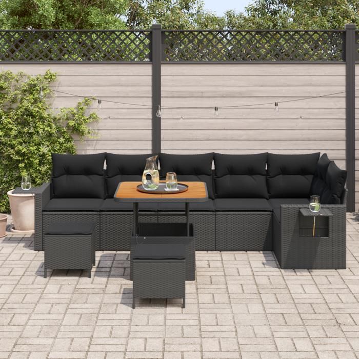 Ensemble de canapé de jardin 9 pièces vidaXL avec coussins en rotin poly noir acacia 3361759