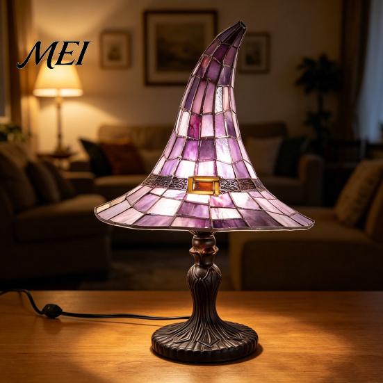 USB Powered Lamp Stained Glass Witch Hat Lamp, Resin Night Light, Gothic Dorm Room Light Halloween Table for Bedroom Bookshelf Mantel Party