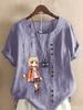 Women's Fashion Cute Girl Print Shot Sleeve T-shirt Loose Cotton Shirt Casual Loose Summer Blouse Tops Plus Size