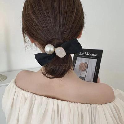 Elegantes hochwertiges Perlen-Schleifen-Haargummi - Schwarzes Gummiband