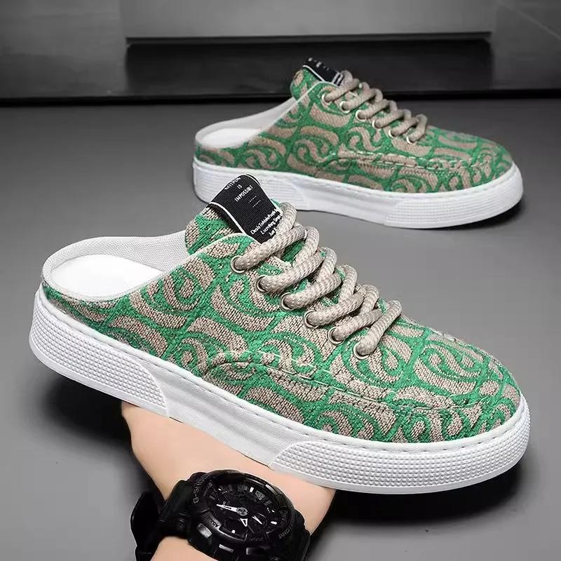 Fashion Summer Men Sandals Retro Print Canvas Shoes Indoor Men's Casual Home Mules Outdoor Flat Baotou Half Slippers Chef Shoes