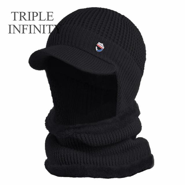 Winter Men Hat Outdoor Ear Protection Warm Thick Bicycle Knitted Cap Scarf Windproof Visors Baseball Cap Male