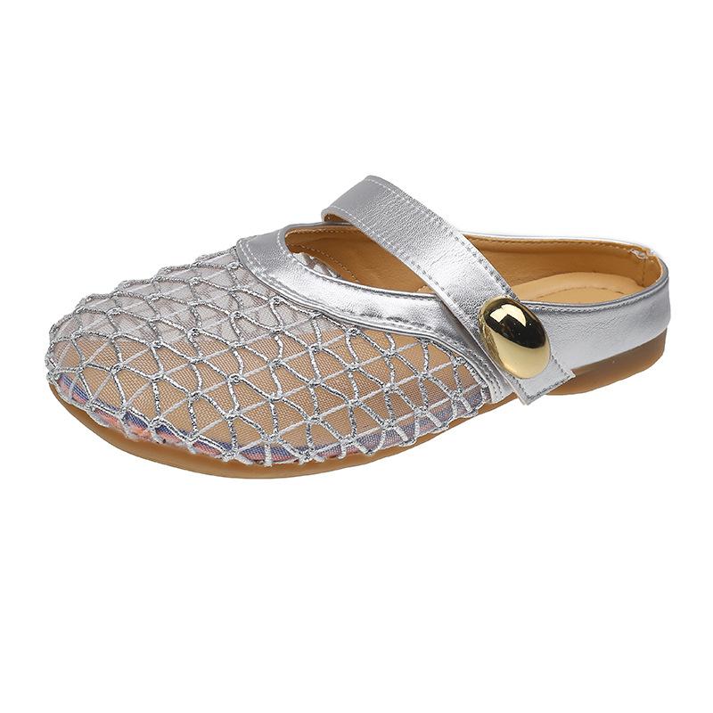 Plokščiapadžiai prancūziški maišelio formos priekio batai, pusiau šlepetės, lauko avalynė moterims, nauji tinkliniai kvėpuojantys ir patogūs minkštapadžiai sandalai 2025 m. vasarą