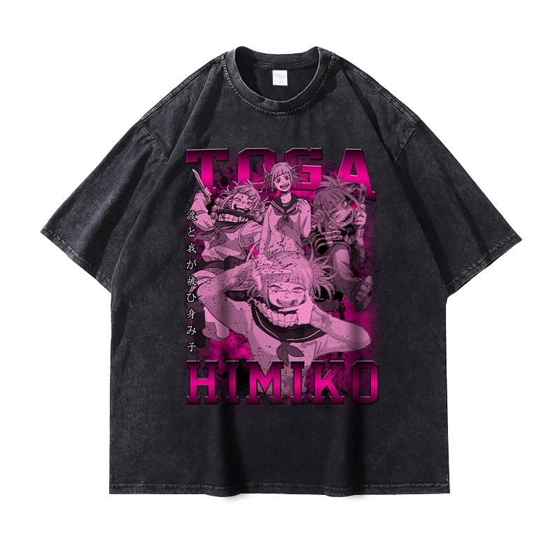 Himiko Toga Print Tshirt Vintage Washed My Hero Academia Anime Graphic T Shirts Oversized Harajuku Washed Tshirt Men Women Tees