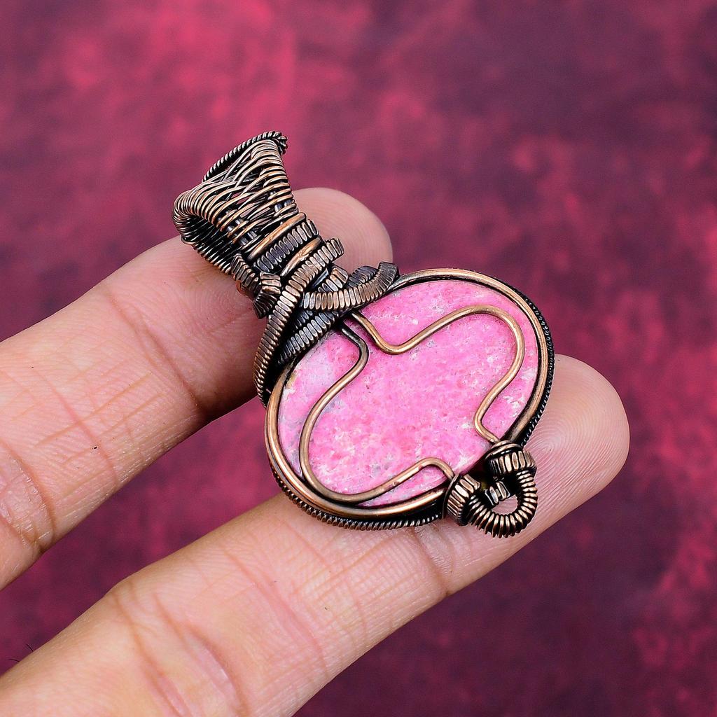 Thulite Pendant Gemstone Jewelry Copper Wire Wrapped Rainbow Moonstone Pendant