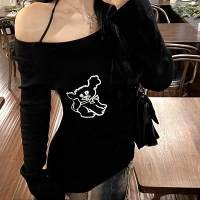 2KWEIRD Skinny Sexy Off Shoulder Black T Shirt Women Y2k Vintage Long Sleeve Tee  Femme Slim Streetwear Ladies Halter Tops Chic