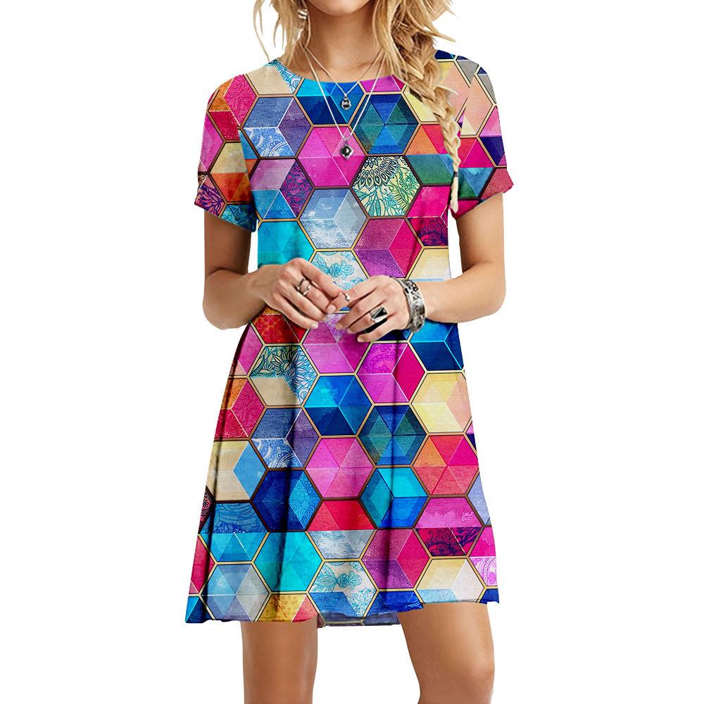 S-6XL Übergröße Mode Damen 3D Geometrischer Druck Kleid Lässig Rundhals Kurzarm Kleid Sommer Locker Mini Kurzes Kleid