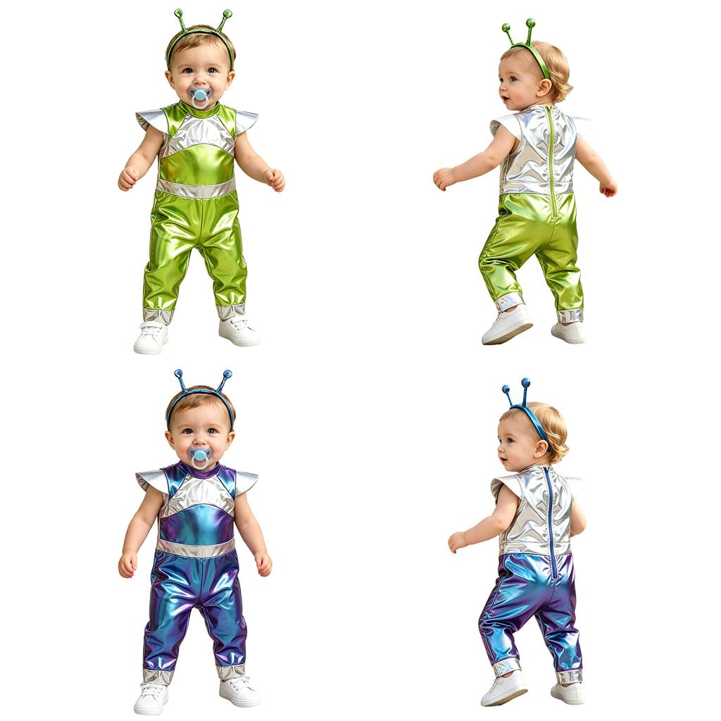Baby Mädchen Farbblock Außerirdischer Strampelanzug Kappenärmel Reißverschluss Hinten Metallischer Romper Fotografie Cosplay Halloween