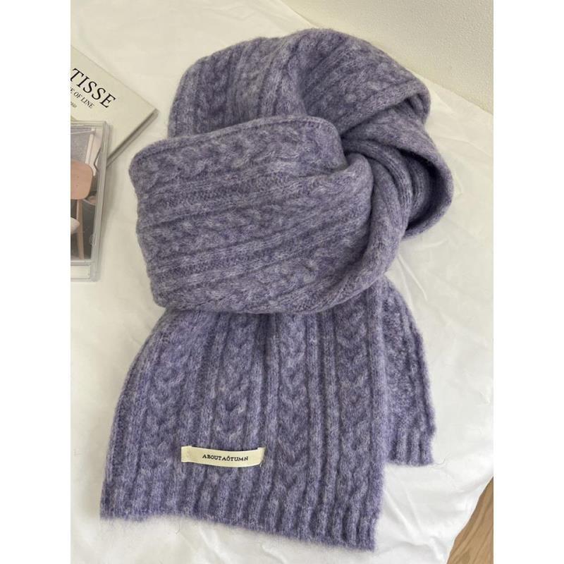 New Solid Color Twist Knitted White Green Scarf for Women in Winter with Wool Warm Scarf Korean Style Student Versatile