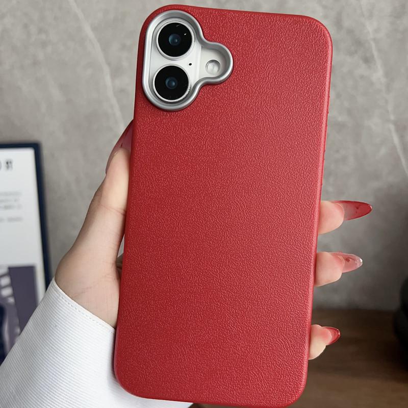 Large Hole Plain Leather Texture iPhone 16 Case for Apple, 12 Solid Color, Cross-Border 14/13, Two-in-One 15 & 17 Pro