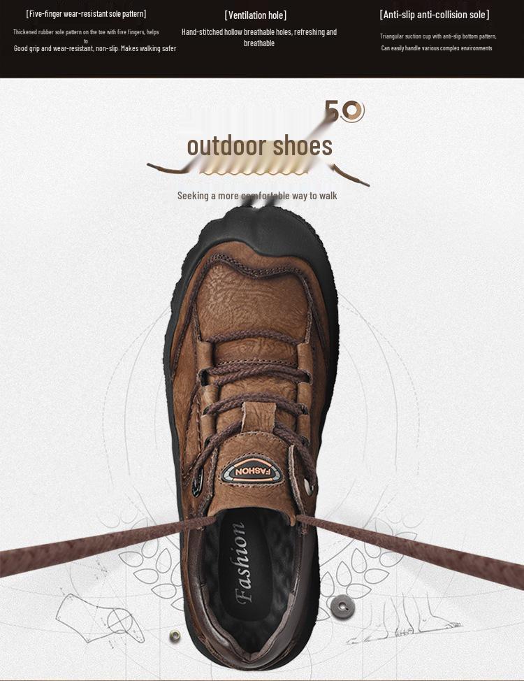 Men's Cowhide Hiking Shoes - Autumn/Winter, Soft Sole, Lace-up, Low-top, Outdoor Casual Travel Shoes