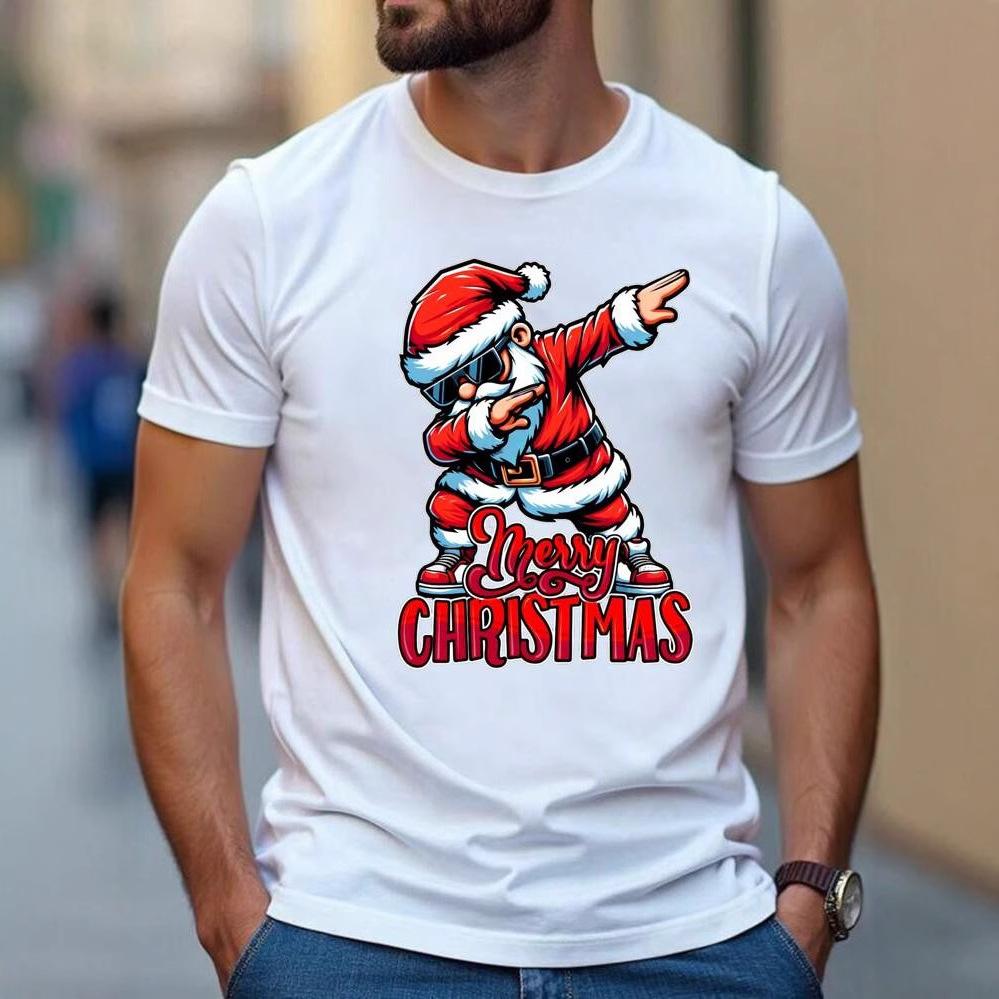 Fun and Handsome Santa Print Men's High Street Front Shoulder Round Neck Loose Short-sleeved T-shirt