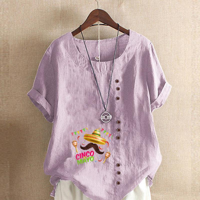 Women's Fashion Round Neck Short Sleeve T-shirt Casual Cotton Linen Graphic Shirt Leisure Loose Beard Prined Summer Blouse Tops