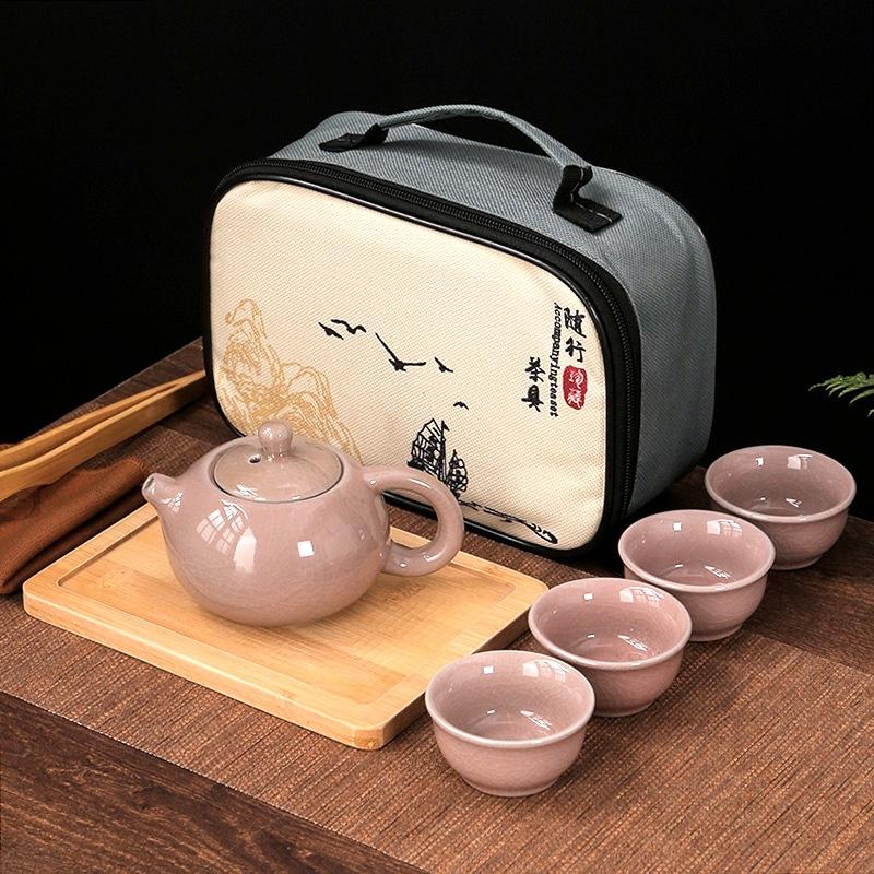 Travel Tea Set Retro Outdoor Portable Kung Fu Ceramics One Pot Four Cups with Tea Tray Company Gifts Cheap