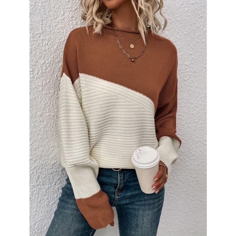 Womens Block Funnel Neck Pullover Sweater Soft High Elasticity Acrylic Knit Fabric Long Sleeve Drop Shoulder Design Perfect for Fall and Winter