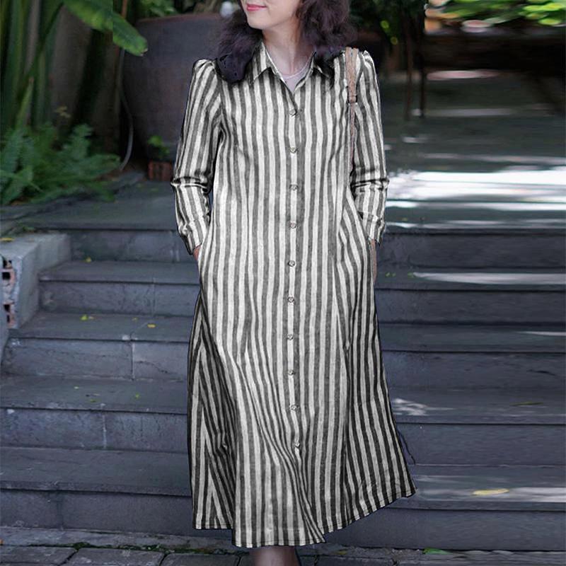 ZANZEA Damen Umlegekragen Lässig Langarm Streifen Hemdkleid