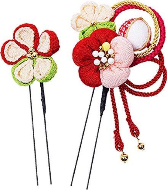 Conjunto de adornos para el cabello Ceremonia Furisode Red Tsumami Crafts Crepe 3 piezas para la mayoría de edad kk-007