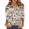 Modisches lässiges Retro-Blumenmuster V-Ausschnitt Knopfleiste Drei-Viertel-Ärmel T-Shirt Top für Damen