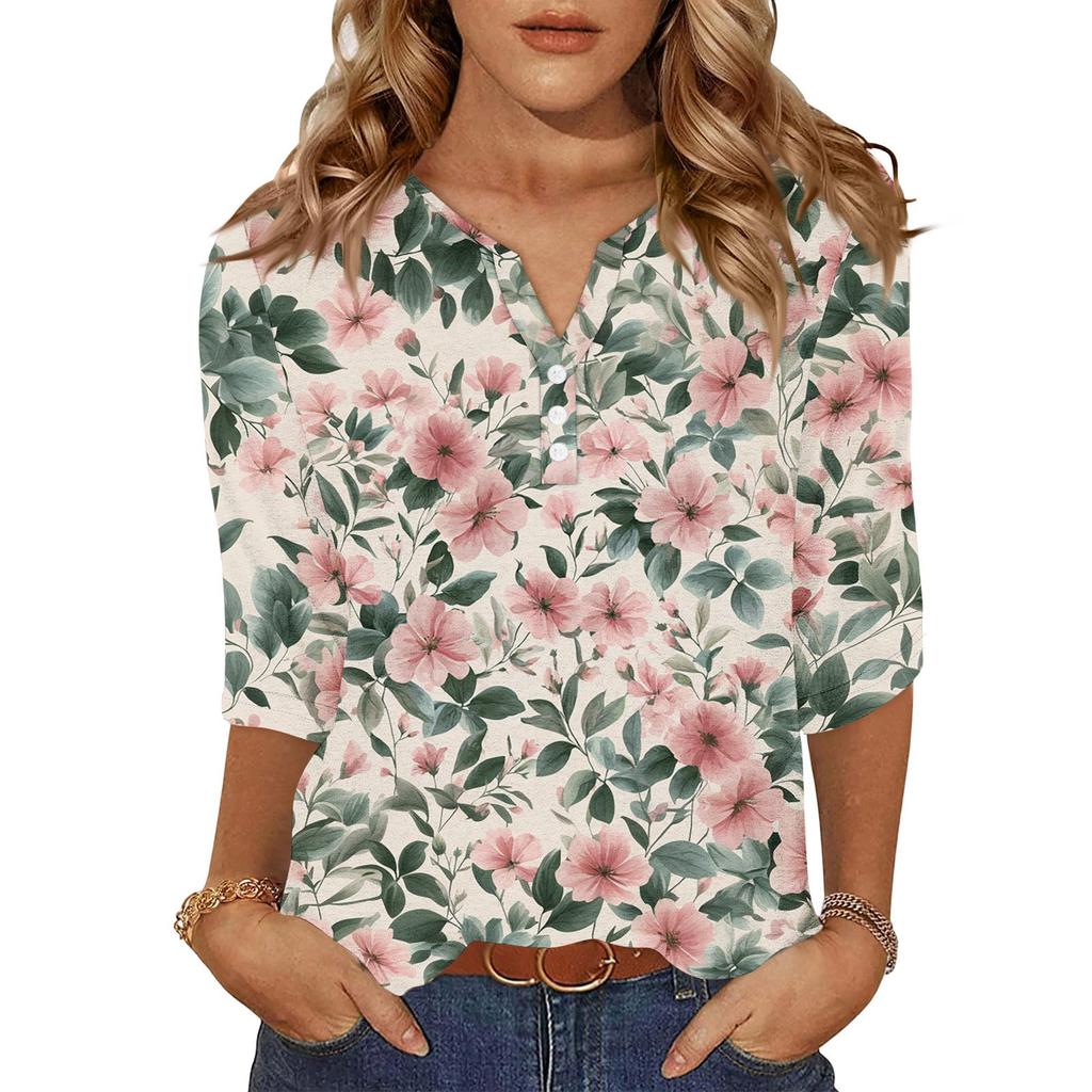 Modisches lässiges Retro-Blumenmuster V-Ausschnitt Knopfleiste Drei-Viertel-Ärmel T-Shirt Top für Damen