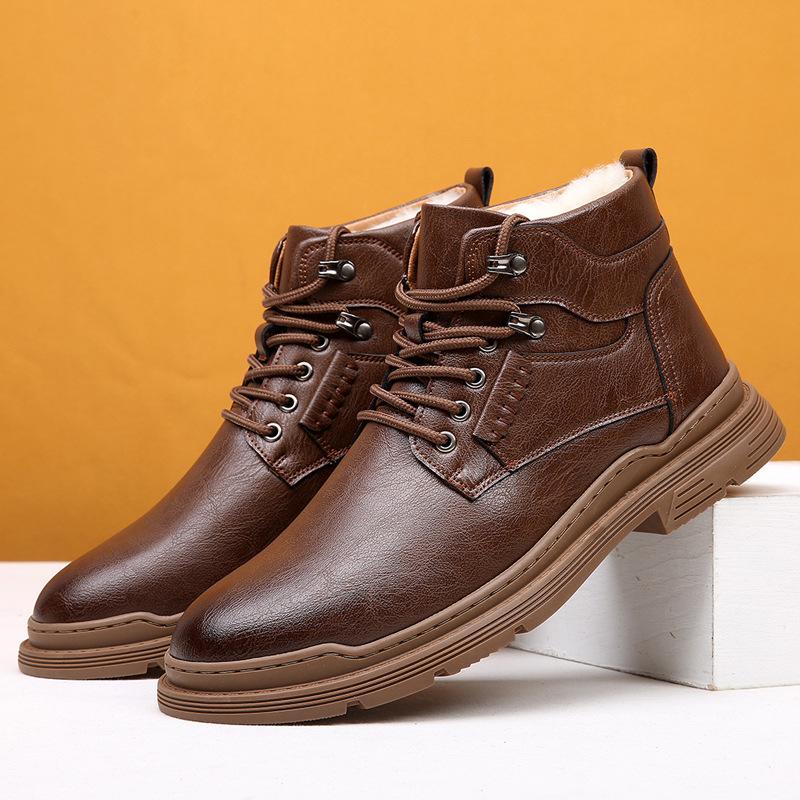 

Men s shoes winter Martin boots men s 2025 autumn and winter British wind velvet wool leather cotton shoes high-top snow 44 коричневий
